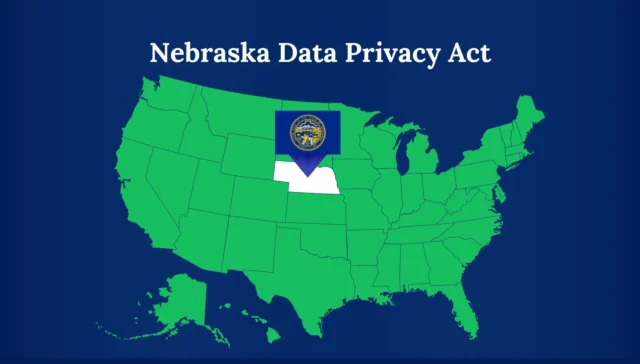 Map of USA showing Nebraska with its flag with the title Nebraska data privacy act