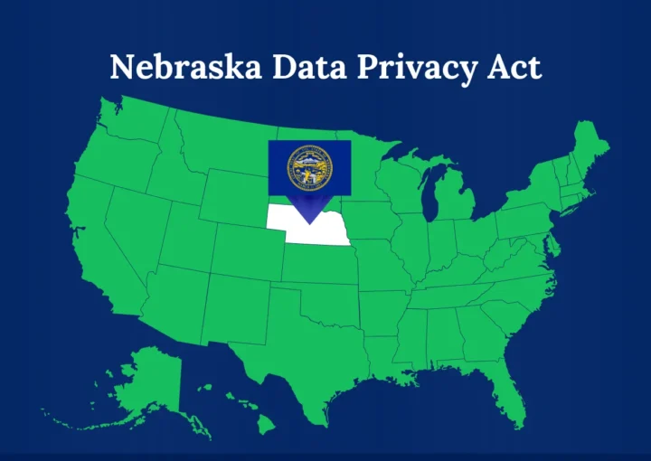 Map of USA showing Nebraska with its flag with the title Nebraska data privacy act